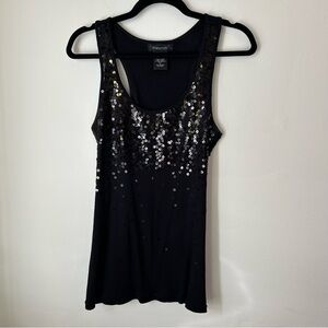 Fleurish Black Sequin Tank Top 100% Cotton Ribbed Stretchy - Size Large